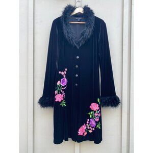 Vintage Betsey Johnson Velvet Floral Faux Fur Duster Jacket